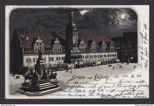 Mondschein Litho Ansichtskarte Leipzig Sachsen Marktplatz Denkmal bei Nacht