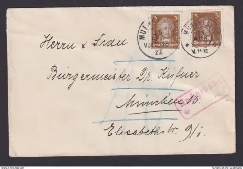 Nachgebühr Deutsches Reich MEF Goethe Ortsbrief München Bürgermeister Dr. Küfner