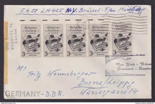 Flugpost Brief Air Mail USA Lufthansa Super Star New York Brüssel Belgien Borna