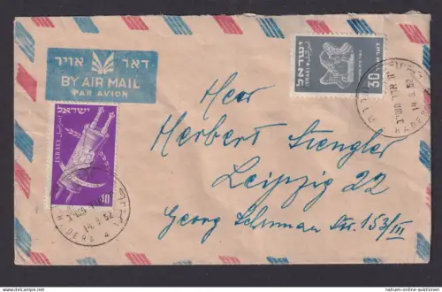 Flugpost Brief Air Mail Israel MIF nach Leipzig 14.9.1952