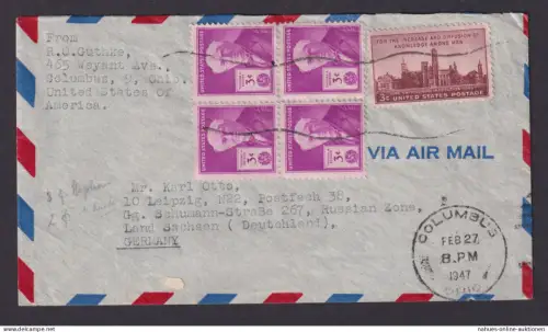 Flugpost Brief Air Mail USA Viererblock Columbus Ohio Leipzig Sachsen Russische