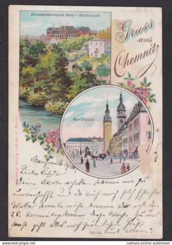Litho Ansichtskarte Chemnitz Sachsen Natur Heilanstalt Marktplatz ab Clausewitz