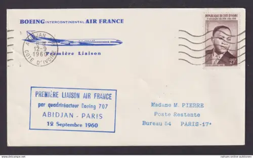 Flugpost Brief Air Mail Air France Cote d' Ivoire Elfenbeinküste Boeing 707