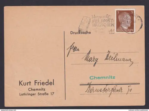 Chemnitz Sachsen Deutsches Reich Karte Postsache SST Verpackt Feldpost Päckchen