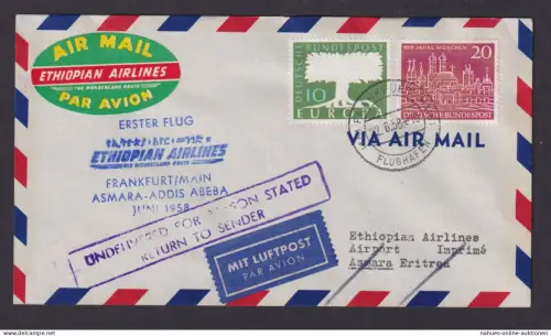 Flugpost Brief selt. Destination Ersflug Frankfurt Asmara Addis Abeba Eritea