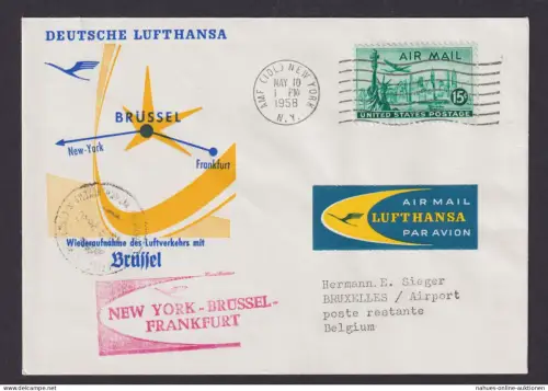 Flugpost Brief Air Mail New York USA Brüssel Belgien Lufthansa 1958