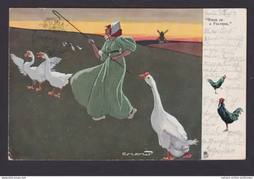 Ansichtskarte Künstlerkarte Signiert Frau Enten Windmühle ab berlin n. Leipzig