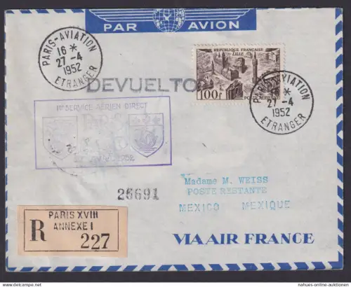 Flugpost R Brief Air Mail Frankreich EF100 Franc Destination Paris Mexico VIAAIR