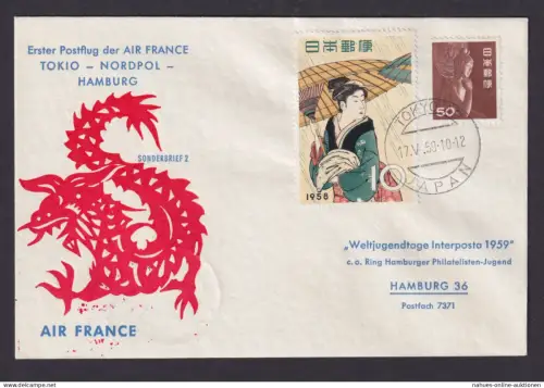Flugpost Brief Air Mail Air france 1. Postflug Tokio Japan Nordpol Hamburg sehr