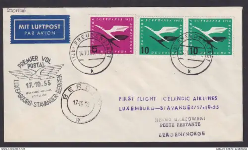 Island Icelandic Airlines Flugpost Brief Air Mail Luxemburg Stavangar Bergen