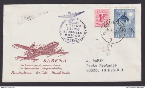 Flugpost Brief Air Mail Sabena Belgien Brüssel Moskau Sowjetunion 31.5.1958