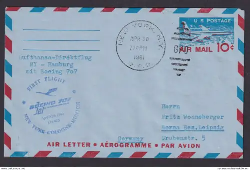 Flugpost Brief Air Mail Lufhansa Driektflug New York USA Hamburg Boeing 707