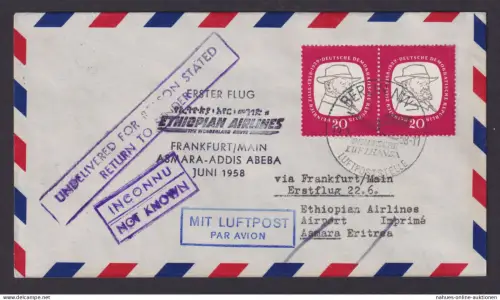 Äthiopien Flugpost Brief Air Mail Ethopian Airlines Erstflug Frankfurt Asmara