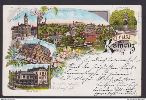 Ansichtskarte Kamenz Sachsen Rathaus Lessing Denkmal Hutberg Hotel