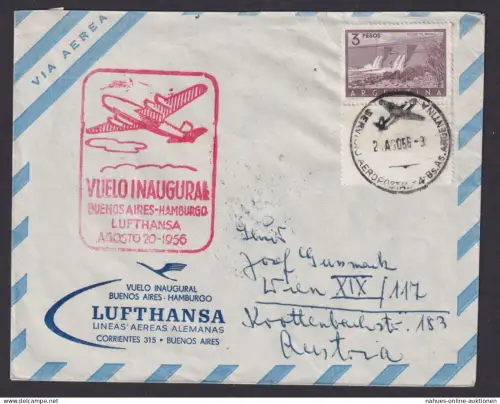 Flugpost Brief Air Mail Argentinien Lufthansa 627 mit gezähntem Leerfeld 1956