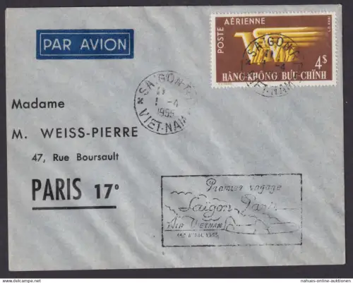 Flugpost Brief Air Mail Asien Vietnam Erstflug Saiggon Paris Frankreich 1.4.1955