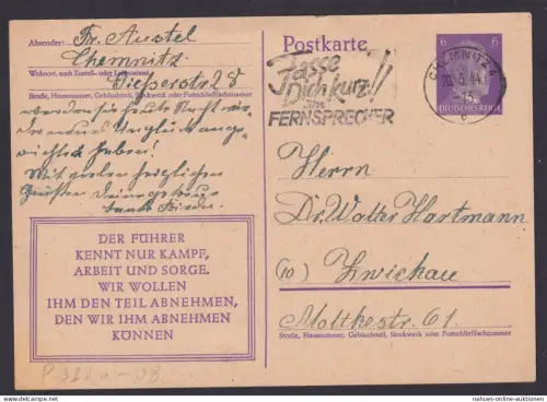 Chemnitz Sachsen Deutsches Reich Karte Postsache SST Fasse dich kurz am