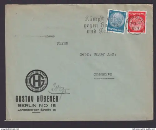 Berlin Deutsches Reich Briefe SST Kämpft gegen Hunger und Kälte n. Chemnitz