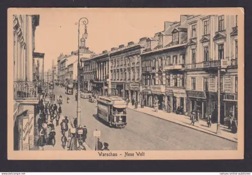Ansichtskarte Warschau Polen Neue Welt Geschäftsstrasse Strassenbahn