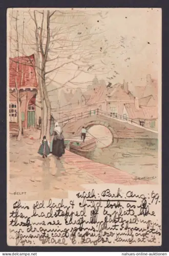 Ansichtskarte Delft Niederlande Künstlerkarte Handgemakt Sign. Brücke Boot