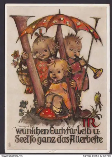 Ansichtskarte Hummel Figuren Künstlerkarte Neujahrsgruß ab Fulda Hessen