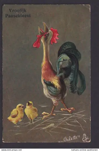 Oilette Künstlerkarte Ansichtskarte Hahn mit Küken Künstlerkarte Sign. Ostergruß