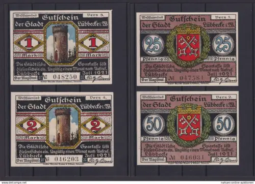 Banknoten Geldscheine Notgeld Lübbecke Westfalen 4 Scheine 0,25-2,00 Mark