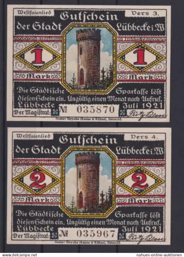 Banknoten Geldscheine Notgeld Lübbecke Westfalen 2 Scheine 1-2 Mark