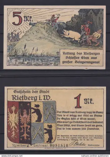 Banknoten Geldscheine Notgeld Rietberg Westfalen 5 Scheine 0,25 - 5 Mark