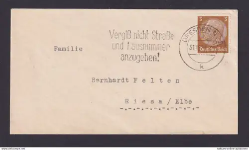 Dresden Sachsen Deutsches Reich Drittes Reich Brief Postsache SST Vergiß nicht