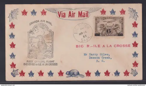 Kanada Flugpost First Flight Big River to Ile A la Crosse Dawson Creek Aufdruck