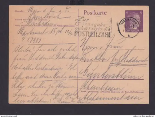 Ganzsache Wiesbaden Hessen Deutsches Reich Drittes Reich Karte Postsache SST Zur
