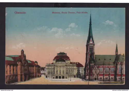 Ansichtskarte Chemnitz Sachsen Museum, Neues Theater, Petri Kirche
