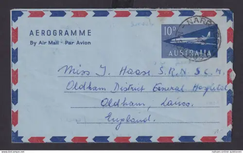 Flugpost airmail Australien Ganzache Aerogramm 10 d Flugzeug K1 NARRABRI Oldham