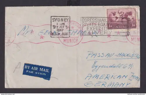 Australien Flugpost Brief EF 1,6 Sh nach Passau Hacklberg 1947