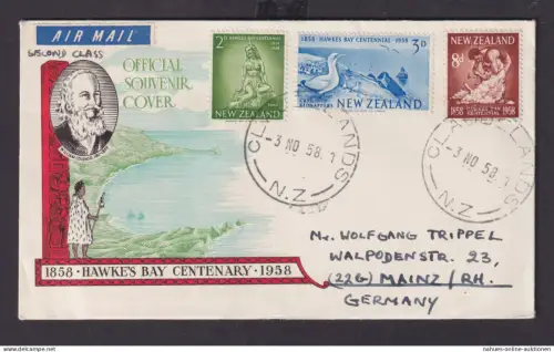 Neuseeland schön illustierter Brief Hawkes Bay Entdeckung Claudelands Mainz