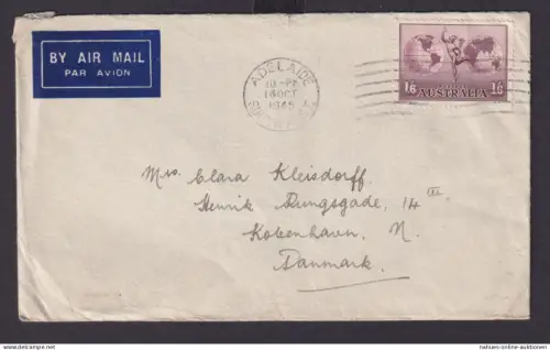 Flugpost Australien Brief EF 1,6 Sh Adelaide Südaustralien n Kopenhagen Dänemark