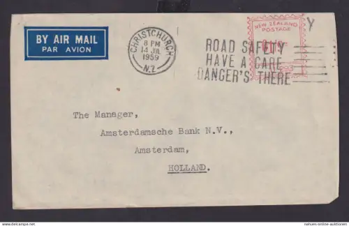 Flugpost Brief Neuseelnad ASF Absenderfreistempel Christchurch Amsterdam