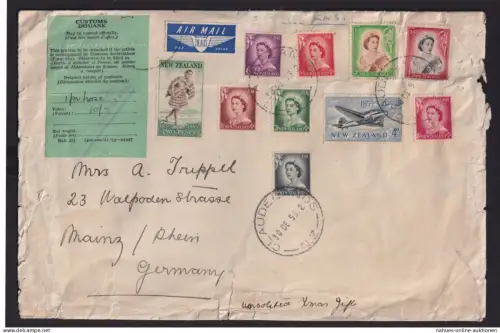 Flugpost Neuseeland Zoll Brief MIF Destiantion Claudelands Hamilton nach Mainz