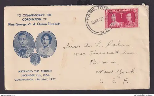 Neuseeland Brief EF 232 Krönung King Georg + Queen Elisabeth Hamilton nach