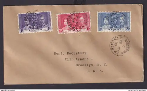 St. Vincent Britische Kolonien Karibik Brief Kingston nach New York USA Krönung