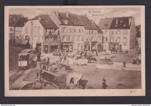 Ansichtskarte St. Avold Frankreich Marktplatz Strassenbahn Pferdefuhrwerke