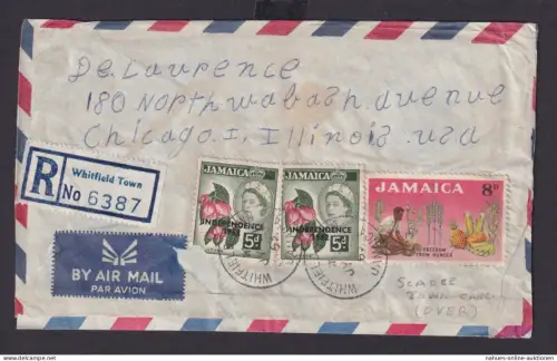 Jamaica Flugpost Brief Aufdruck Queen Elisabeth Whitfield Town Chicago Illinois