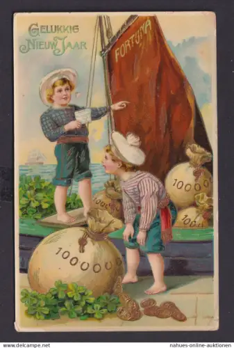 Ansichtskarte Neujahr Kinder Boot Geldsack Scherzkarte Künstlerkarte