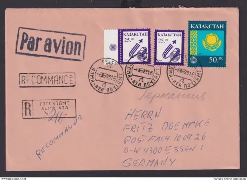 Kasachstan Asien Flugpost Brief Nationale Sympole per Einschreiben nach Essen