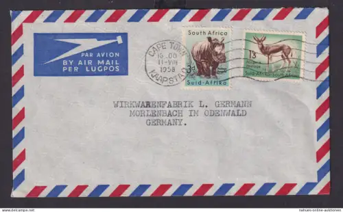 Flugpost Cape Town Kapstadt Afrika Südafrika Brief Tiere Wildtiere Nashorn
