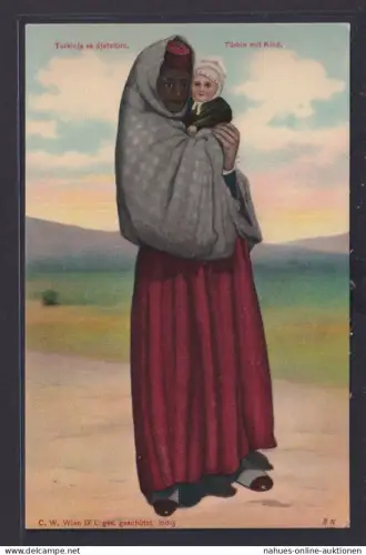 Türkei Ansichtskarte Trachten Künstlerkarte Sign. Türkische Frau mit Kind