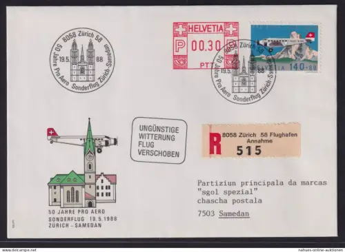 Flugpost Schweiz R Brief plus 30c AFS Pro Aero Sonderflug Zürich Samedan