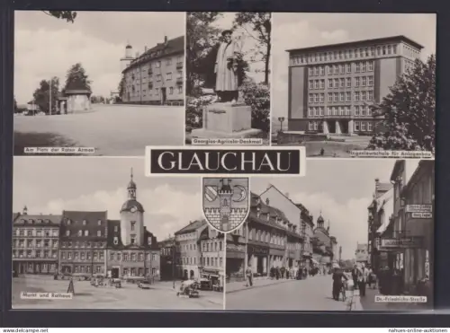Ansichtskarte Glauchau Platz d. roten Armee Ingenieurschule Markt Rathaus