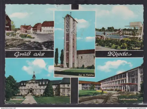 Ansichtskarte Rhede Marktplatz Freibad St. Gudula Kloster Landfrauenschule NRW
